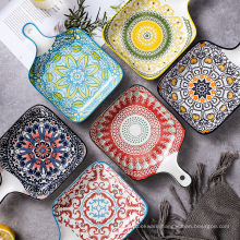 Amazon top seller 2021 Bohemian Style Baking plate with handle Square plates set Ceramic dishes & plates